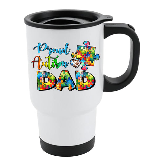 White travel mug with black lid and “Proud Autism Dad” with letters filled with colourful puzzle pieces