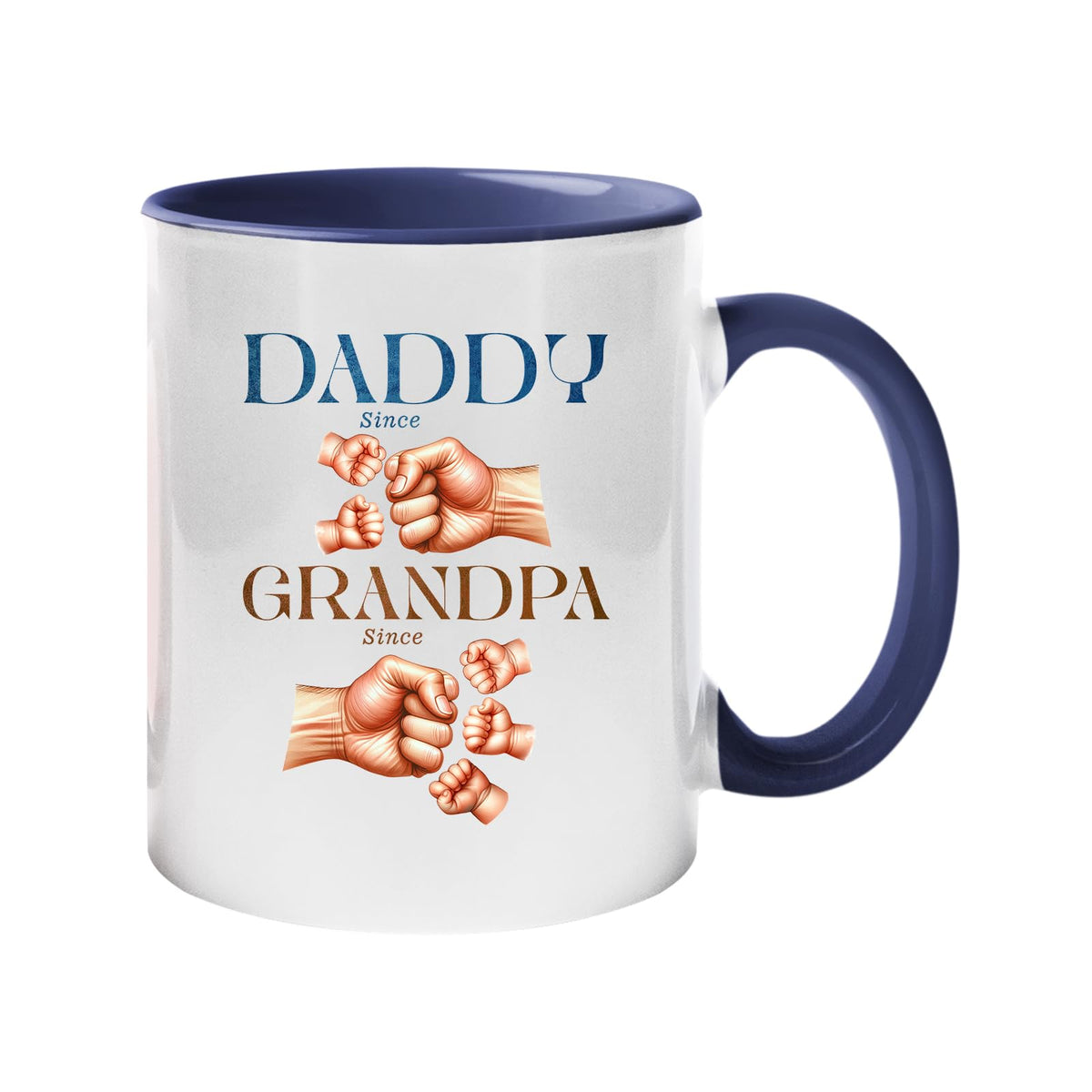 Colour handle mug with “Daddy since” and “Grandpa since” with generations of fist bumps – dark blue handle and inside