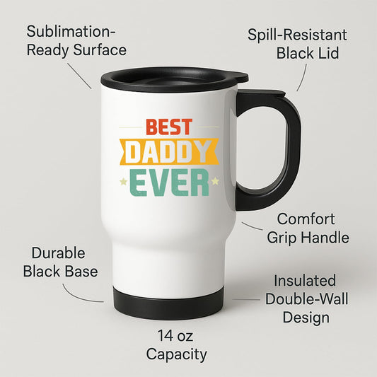 Travel mug with labels for spill-resistant lid, insulated double wall and 14oz capacity
