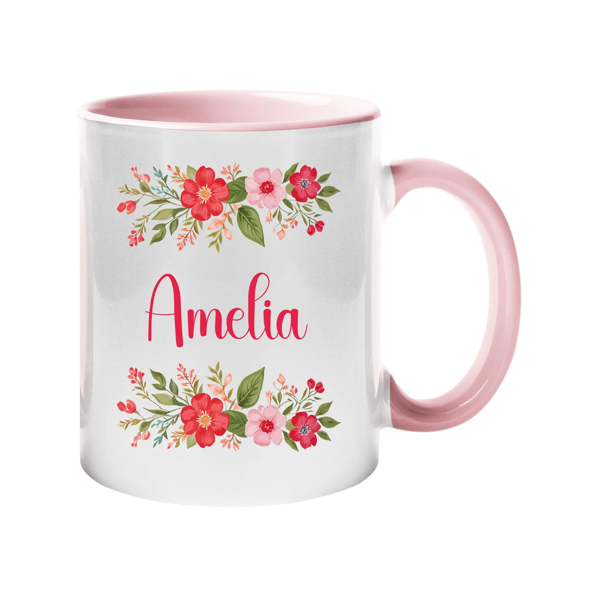 Light Pink handle mug with a red flower border around an example name