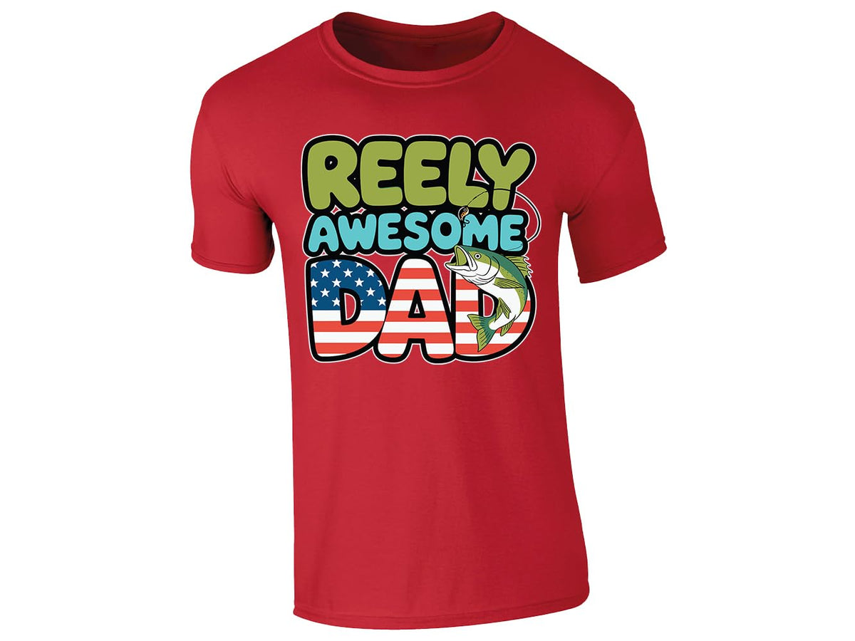 Red men's T-shirt with “Reely Awesome Dad” stars and stripes fish design