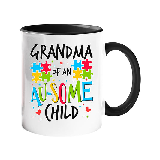 Colour handle mug with “Grandma of an AU-SOME child” with colourful puzzle pieces – black handle and inside