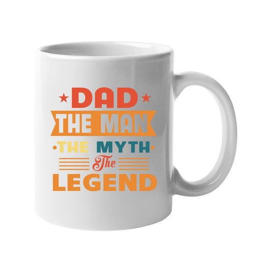 White mug with “Dad – the man, the myth, the legend” in retro banner lettering