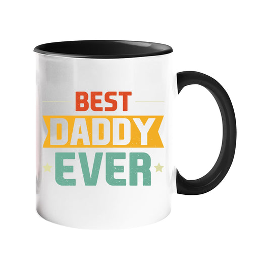Colour handle mug with “Best Daddy Ever” in retro red, gold and teal lettering – black handle and inside