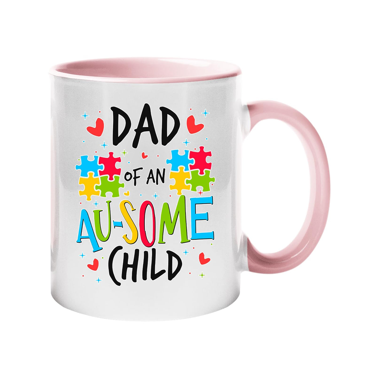 Colour handle mug with “Dad of an AU-SOME child” with colourful puzzle pieces and hearts – light pink handle and inside