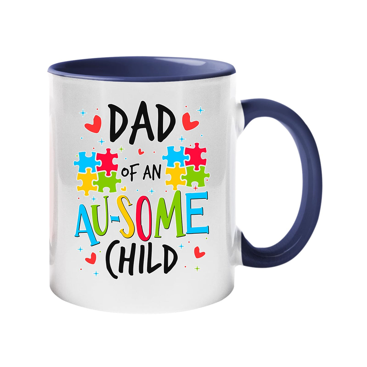 Colour handle mug with “Dad of an AU-SOME child” with colourful puzzle pieces and hearts – dark blue handle and inside
