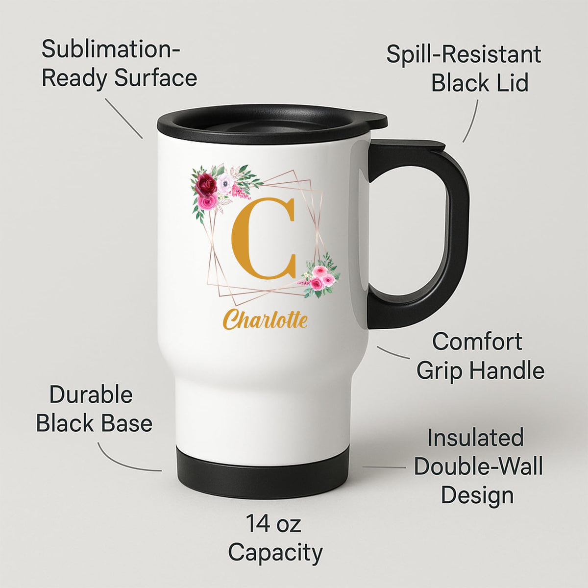 Travel mug with a gold initial in a floral frame and an example name and feature labels
