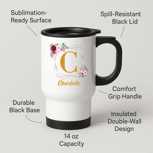 Travel mug with a gold initial in a floral frame and an example name and feature labels
