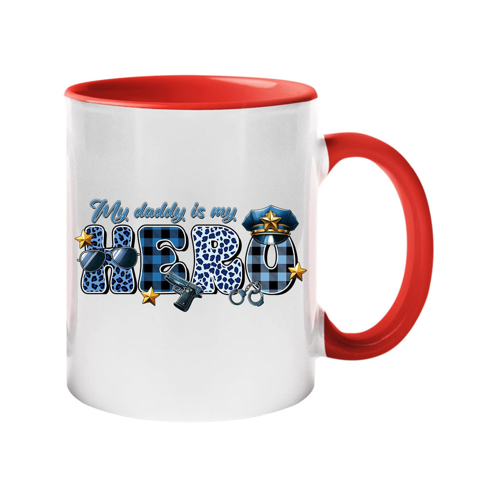 Colour handle mug with “My daddy is my hero” in blue plaid and leopard letters with a police cap and badge – red handle and inside