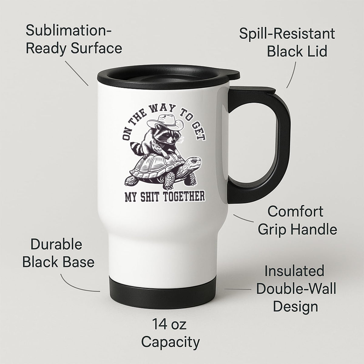 Travel mug with labels for spill-resistant lid, insulated double wall and 14oz capacity