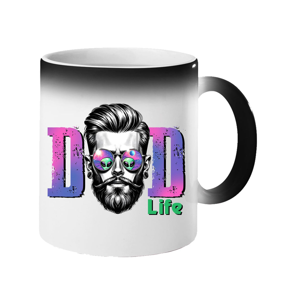 Colour changing mug revealing a bearded dad in sunglasses between pink “DAD” letters signed “Life”