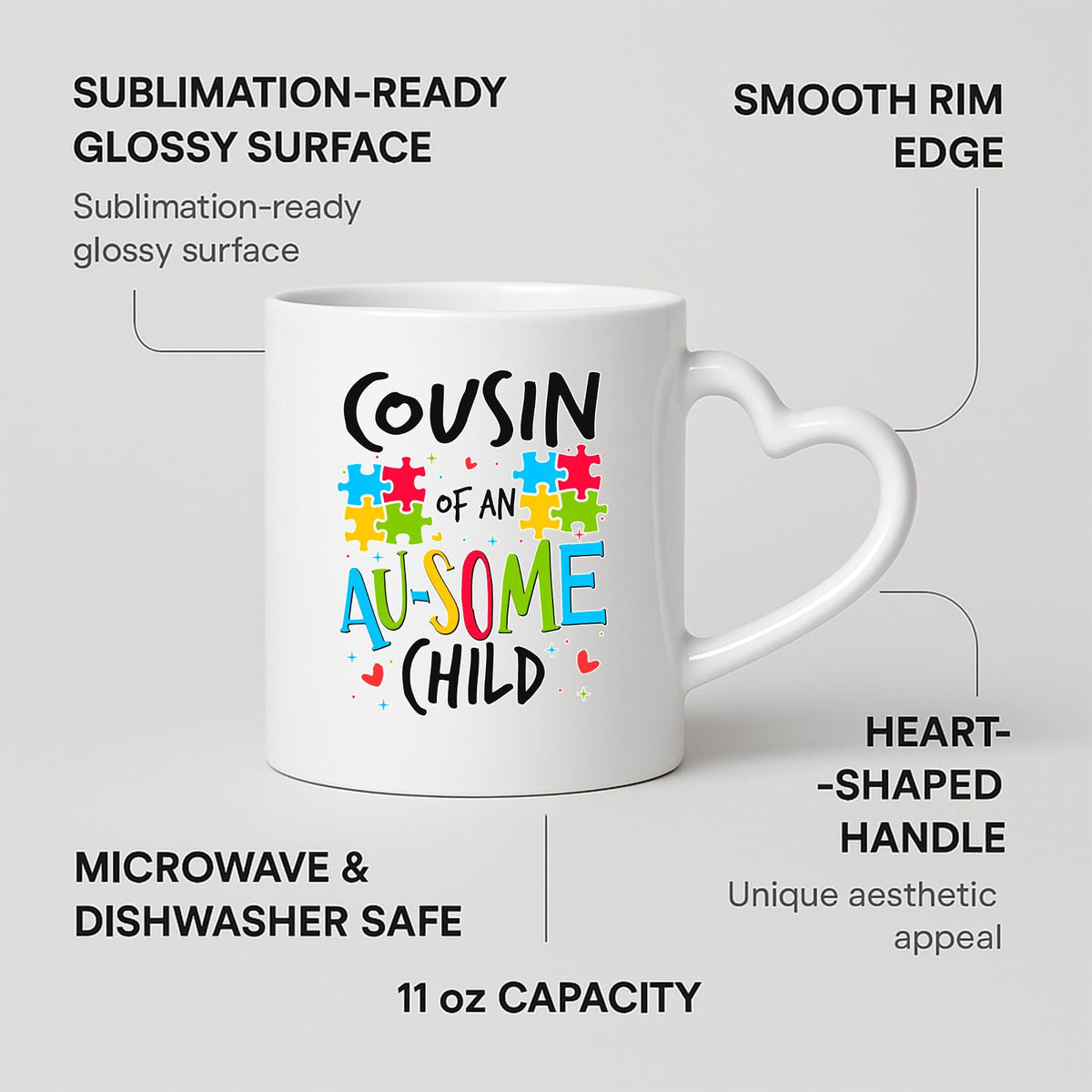 Heart-handle mug with labels for 11oz capacity, glossy surface and heart-shaped handle
