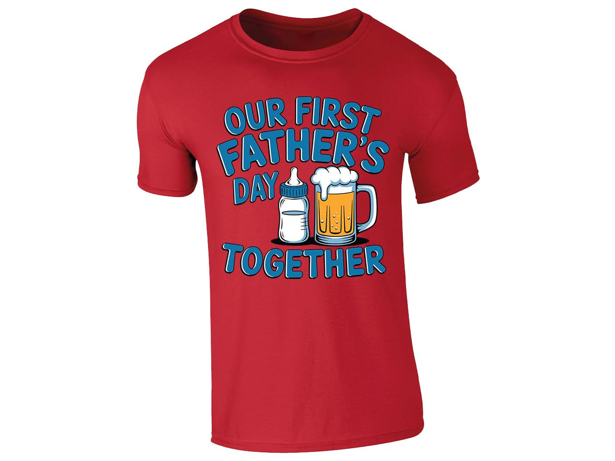 Red men's T-shirt with “Our first Father’s Day together” baby bottle and beer design