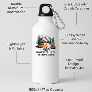 White aluminium water bottle with a campfire, backpack, boots and mountains with “I want to be where the people aren’t”