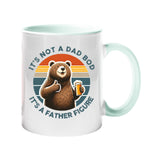 Colour handle mug with a thumbs-up bear with a beer on a retro sunset and “It’s not a dad bod, it’s a father figure” – lime handle and inside