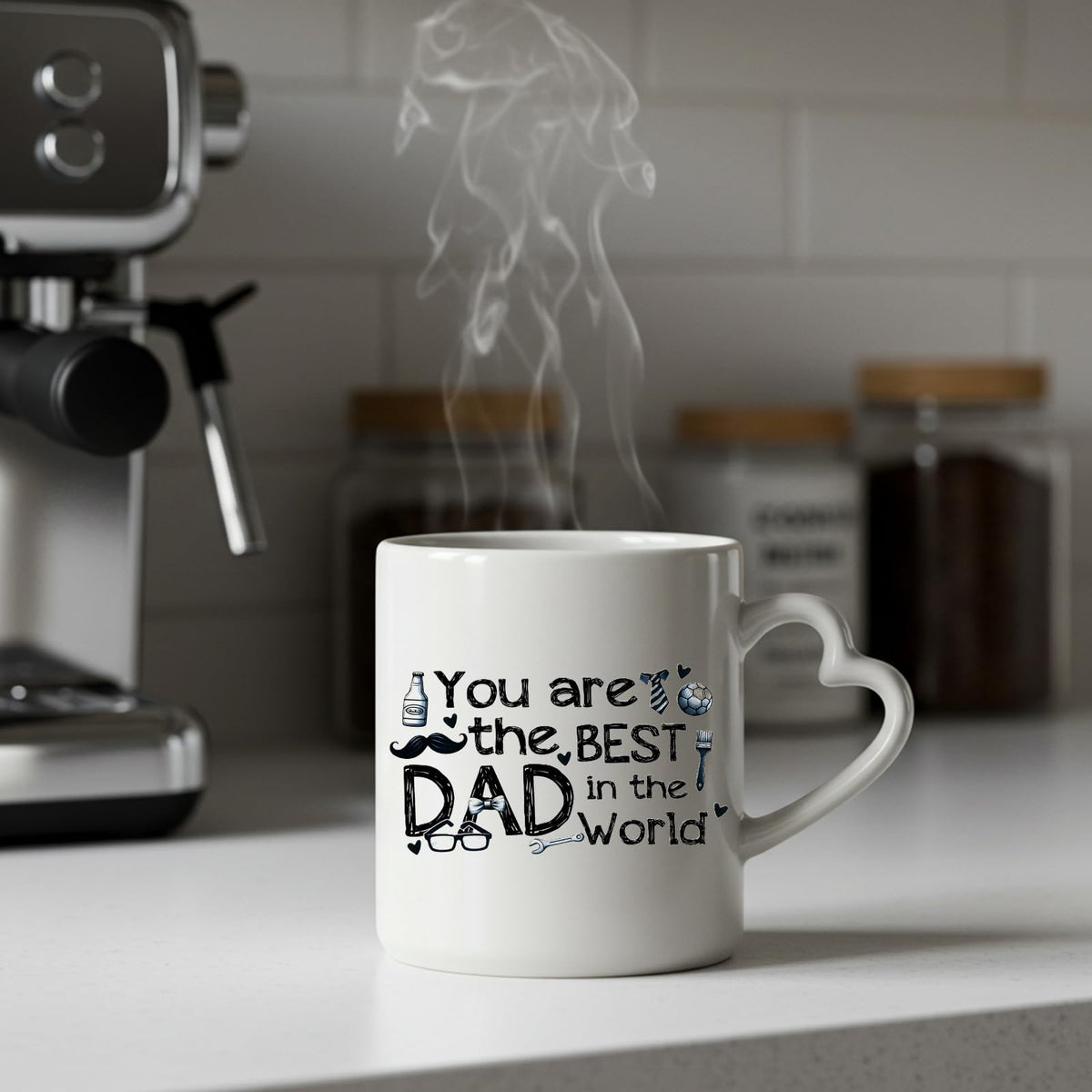 Steaming Best Dad in the World sketch heart-handle mug on a kitchen counter