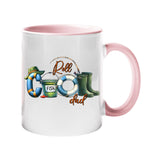 Colour handle mug with “Reel COOL Dad” spelled out with a bucket hat, bait tin, float and wellies – light pink handle and inside