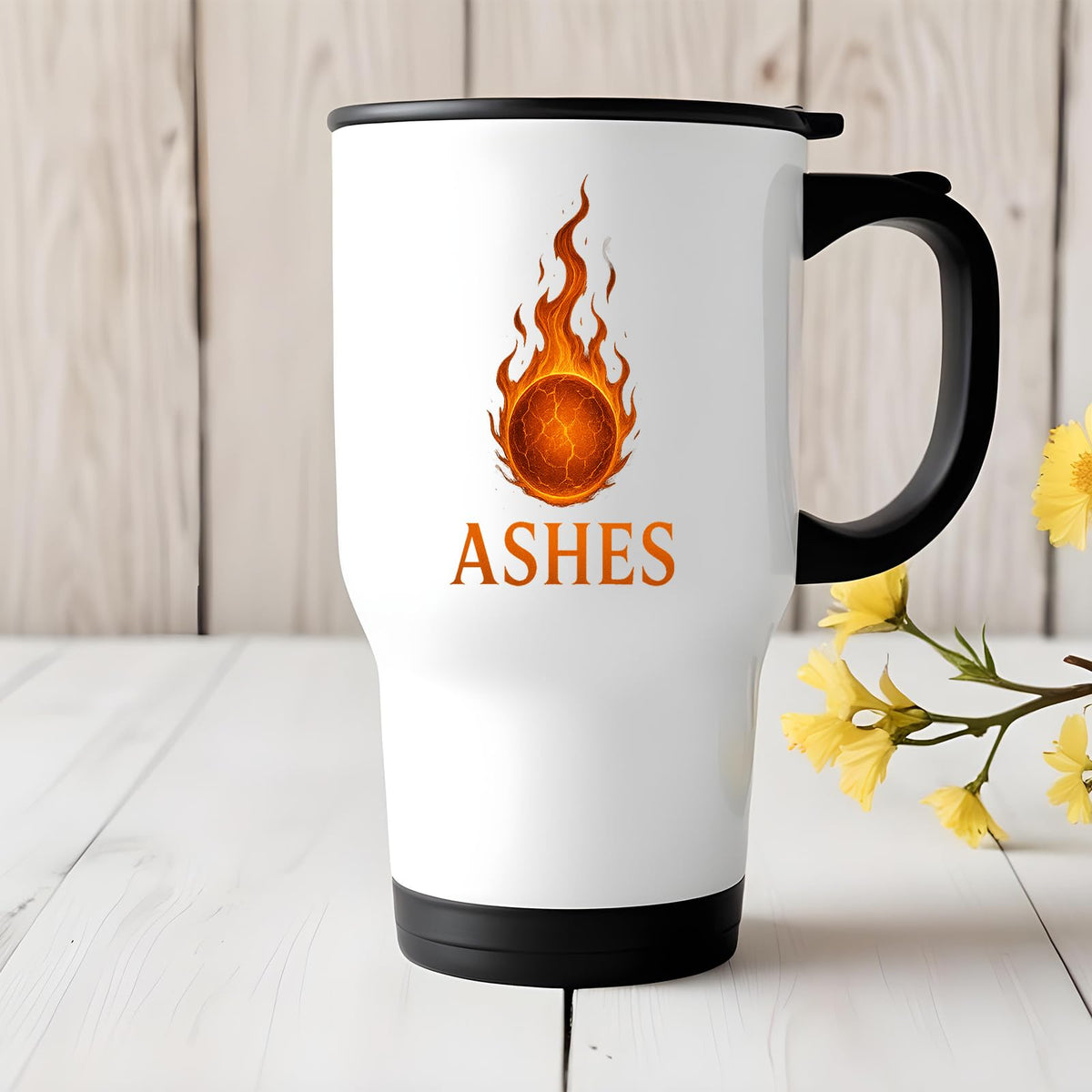 Ashes travel mug on a wooden table