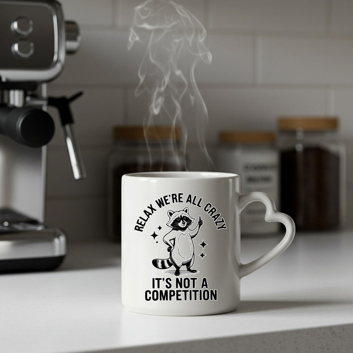 Steaming Relax We’re All Crazy raccoon heart-handle mug on a kitchen counter