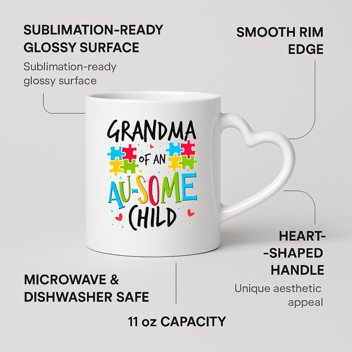 Heart-handle mug with labels for 11oz capacity, glossy surface and heart-shaped handle