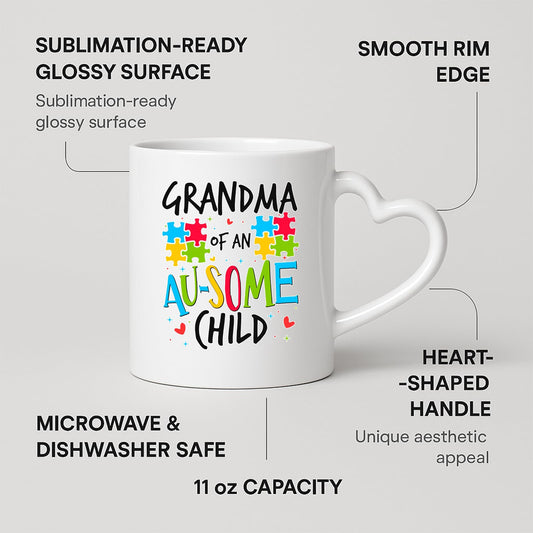 Heart-handle mug with labels for 11oz capacity, glossy surface and heart-shaped handle