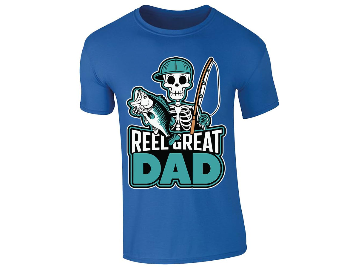 Royal Blue men's T-shirt with “Reel Great Dad” skeleton angler design