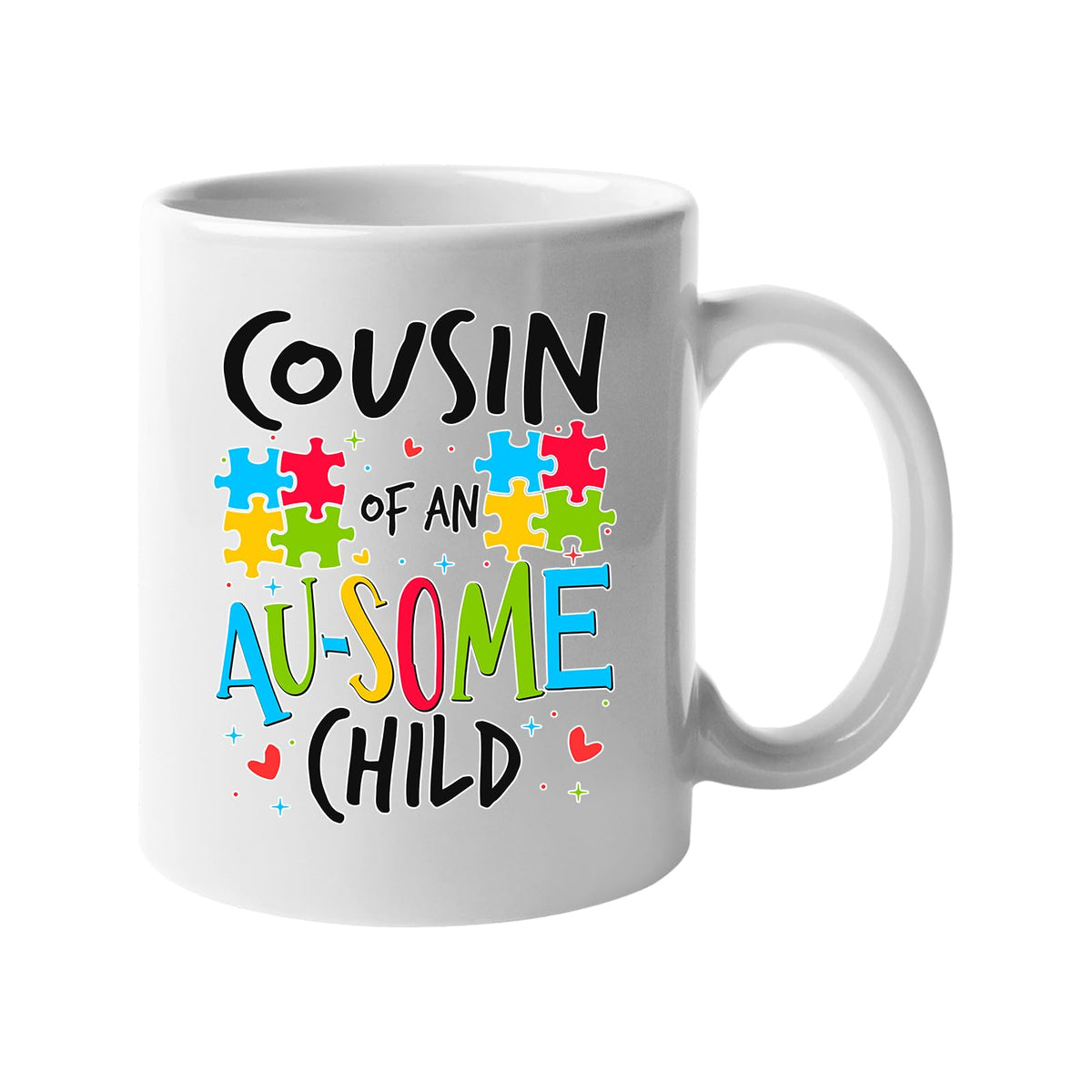 White mug with “Cousin of an AU-SOME child” with colourful puzzle pieces