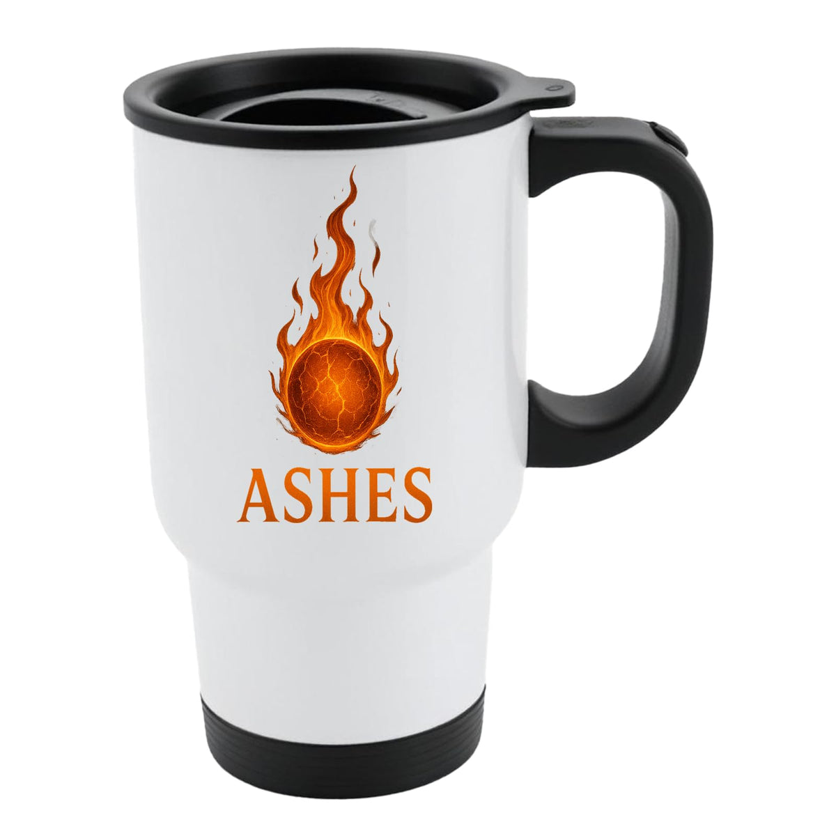 White 14oz travel mug with black lid and a flaming cricket ball ASHES design