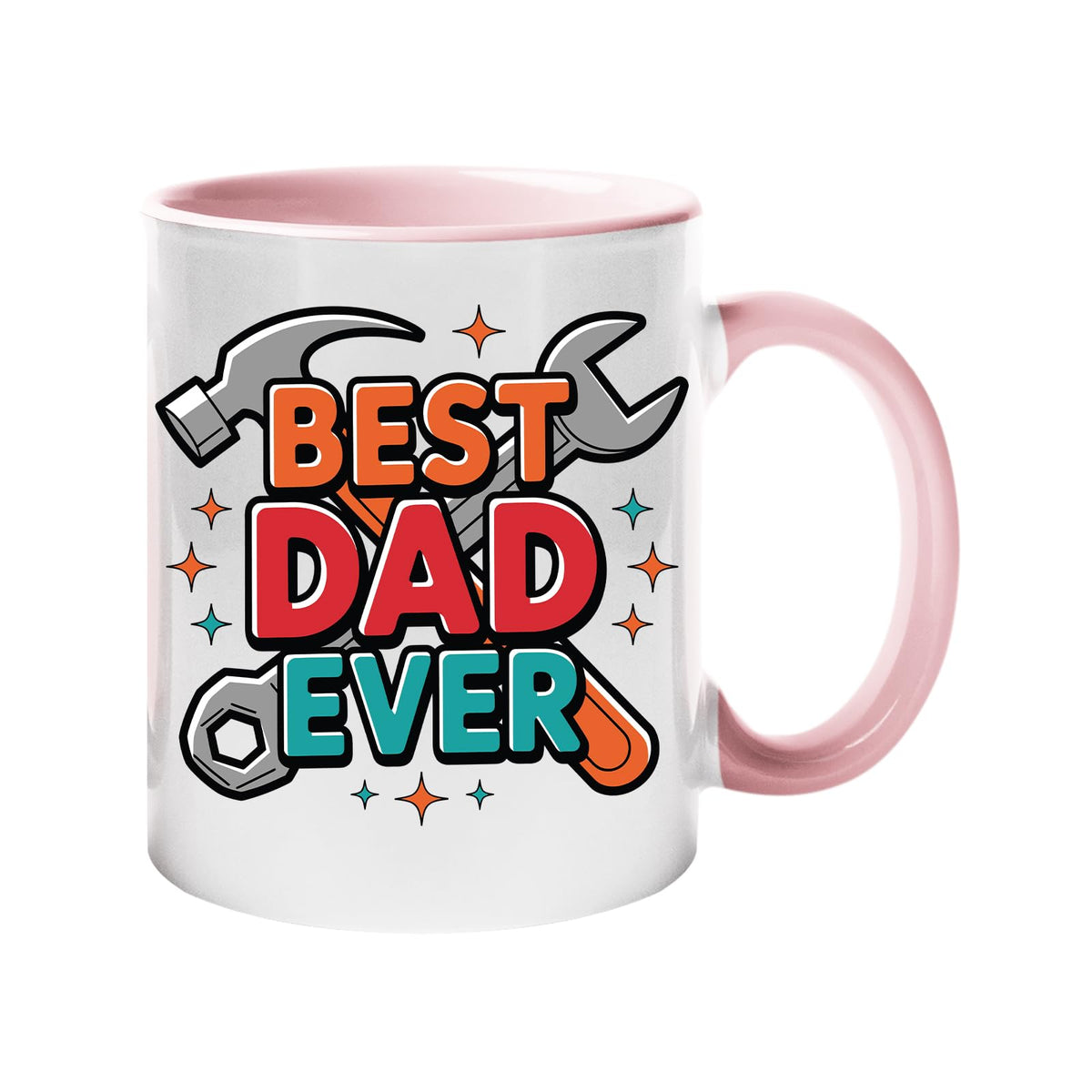 Colour handle mug with “Best Dad Ever” framed by a hammer and spanner – light pink handle and inside