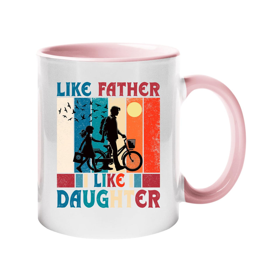 Colour handle mug with a dad and daughter with a bike in silhouette over retro stripes and “Like father, like daughter” – light pink handle and inside