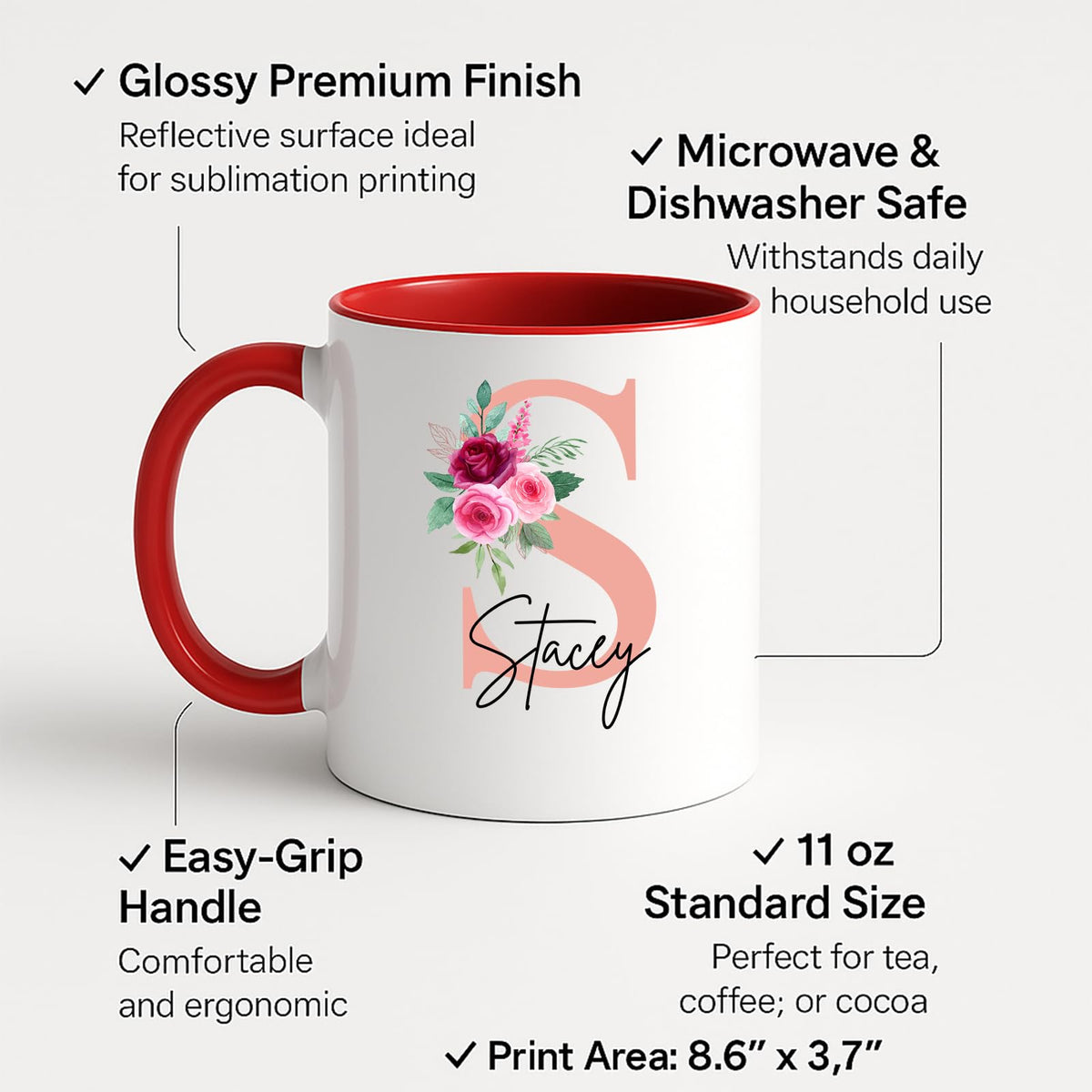Colour handle mug with a blush pink initial with roses and an example name and feature labels