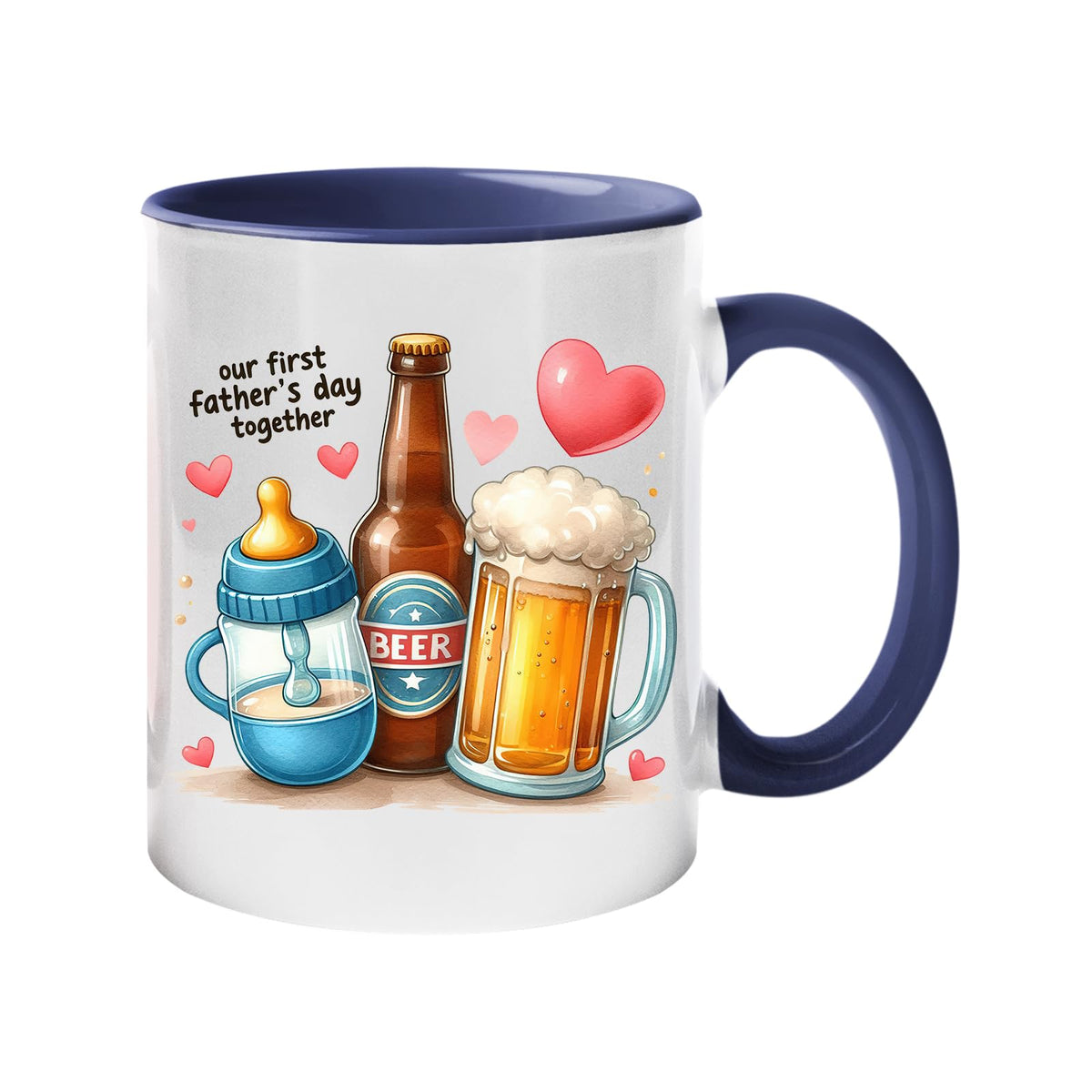 Colour handle mug with a baby bottle, a beer bottle and a frothy pint with hearts and “Our first Father’s Day together” – dark blue handle and inside