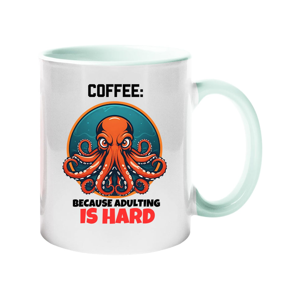 Colour handle mug with a grumpy orange octopus and “Coffee: because adulting is hard” – lime handle and inside