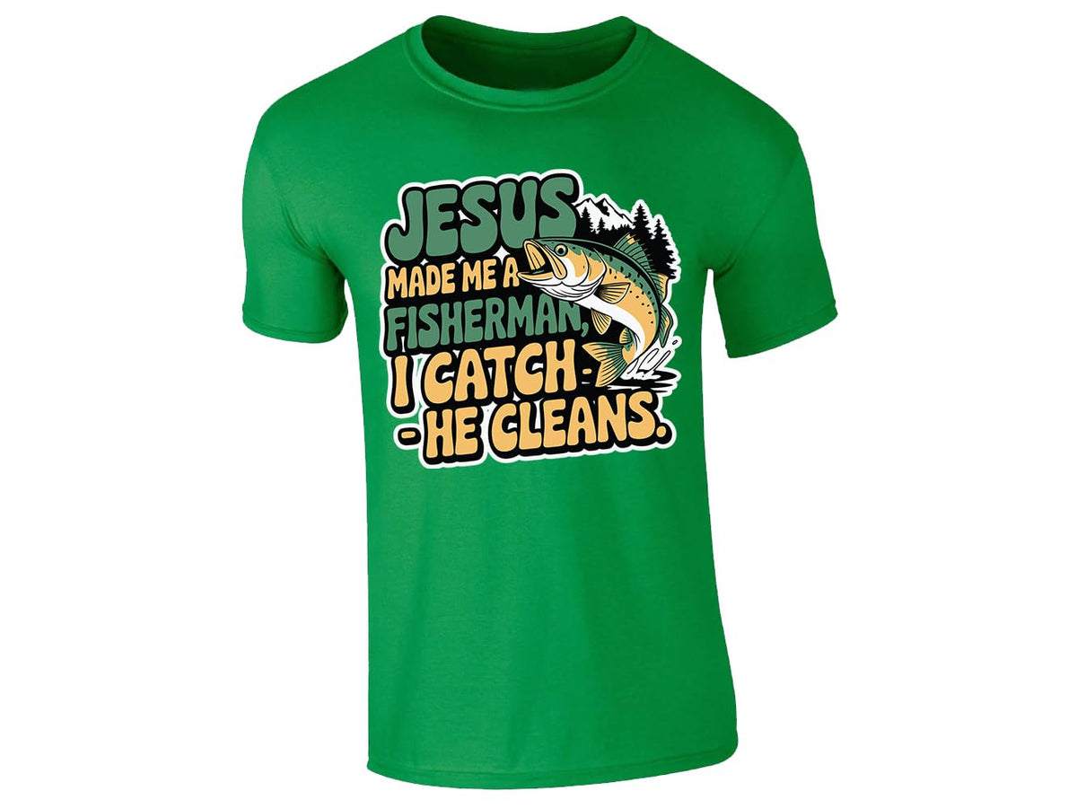 Irish Green men's T-shirt with “Jesus made me a fisherman – I catch, He cleans” design