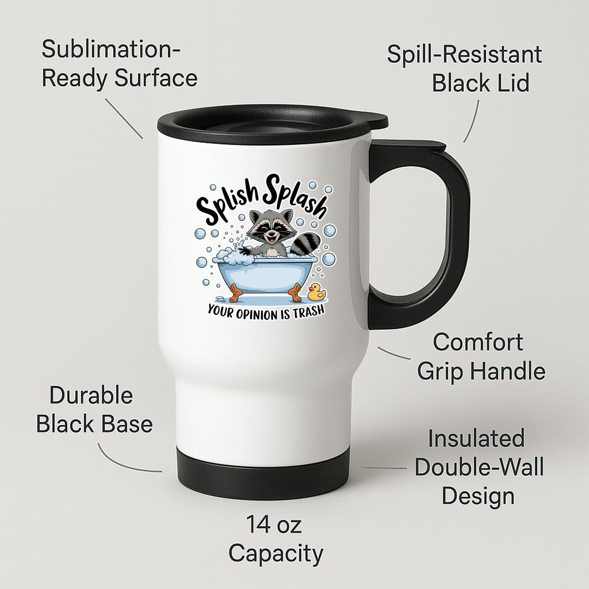 Travel mug with labels for spill-resistant lid, insulated double wall and 14oz capacity