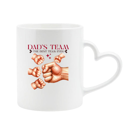 White heart-handle mug with “Dad’s Team – the best team ever” with a big fist bumping little fists