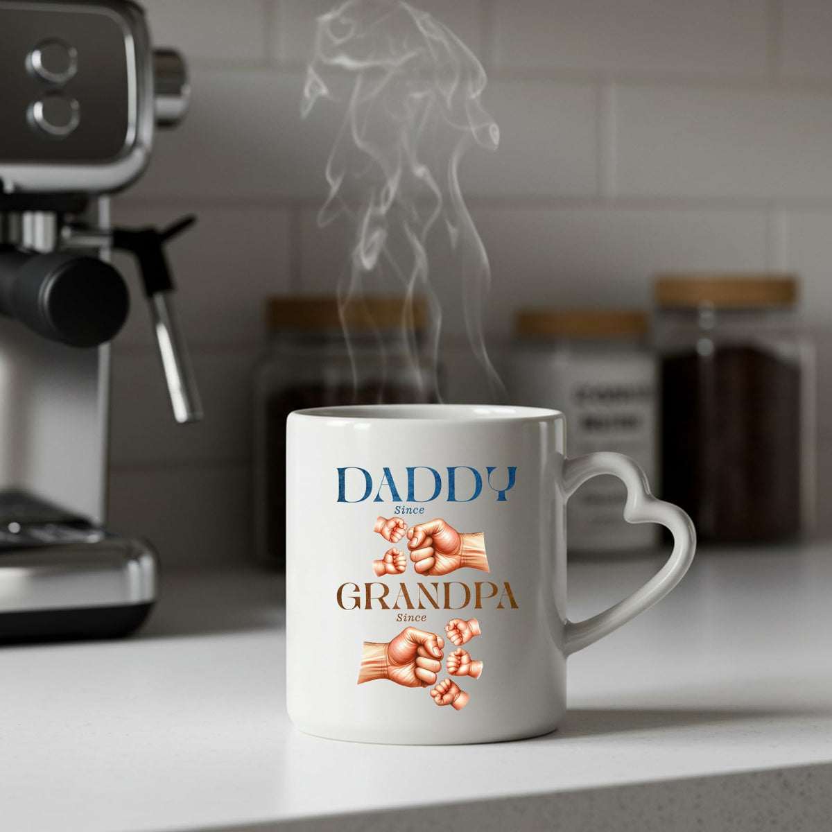 Steaming Daddy and Grandpa fist bump heart-handle mug on a kitchen counter