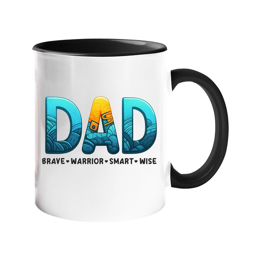 Colour handle mug with “DAD” in patterned blue and gold lettering above “brave · warrior · smart · wise” – black handle and inside