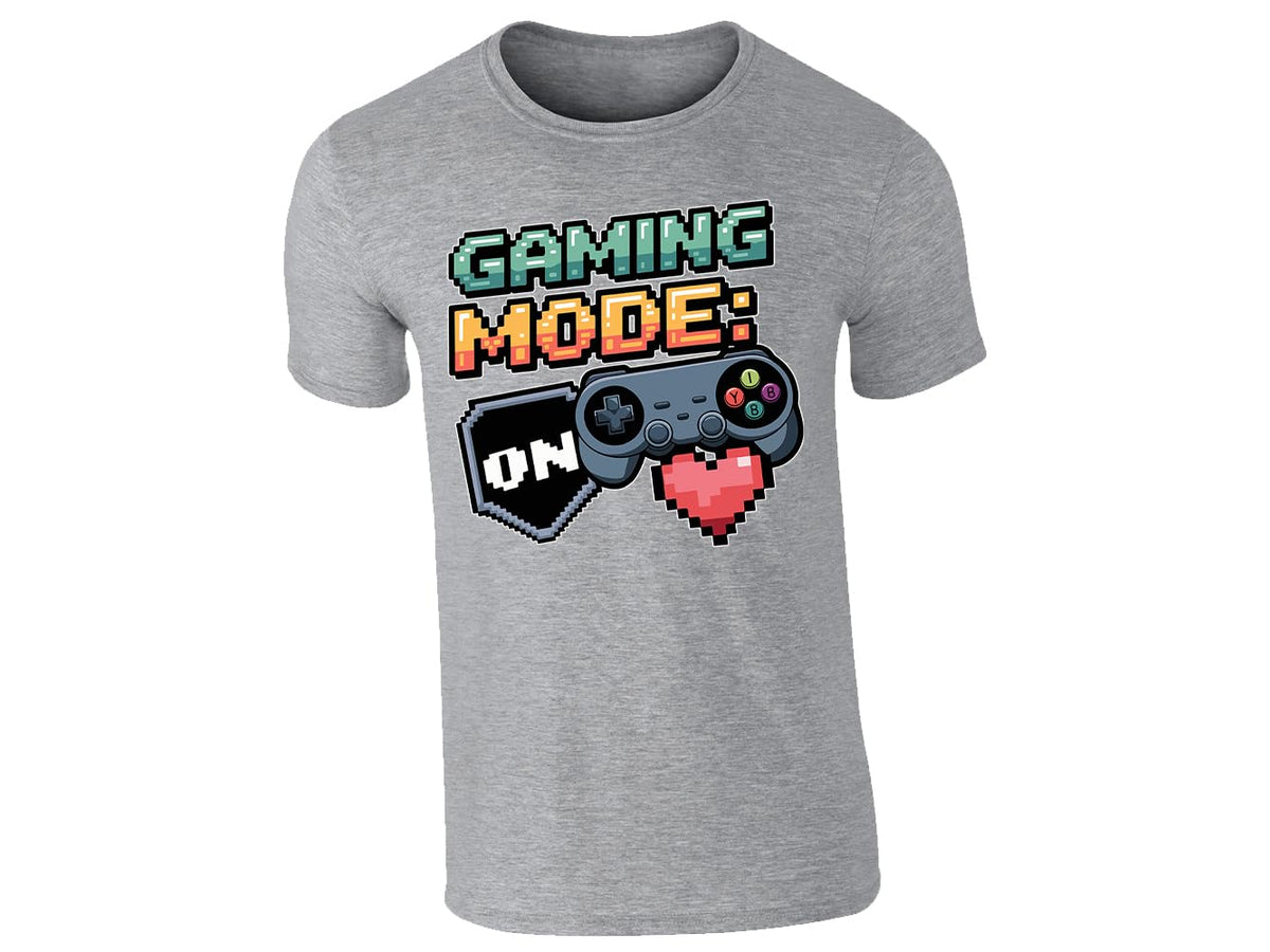 Heather Grey men's T-shirt with “Gaming mode: ON” controller and pixel heart design