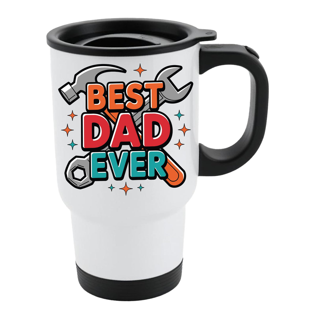 White travel mug with black lid and “Best Dad Ever” framed by a hammer and spanner