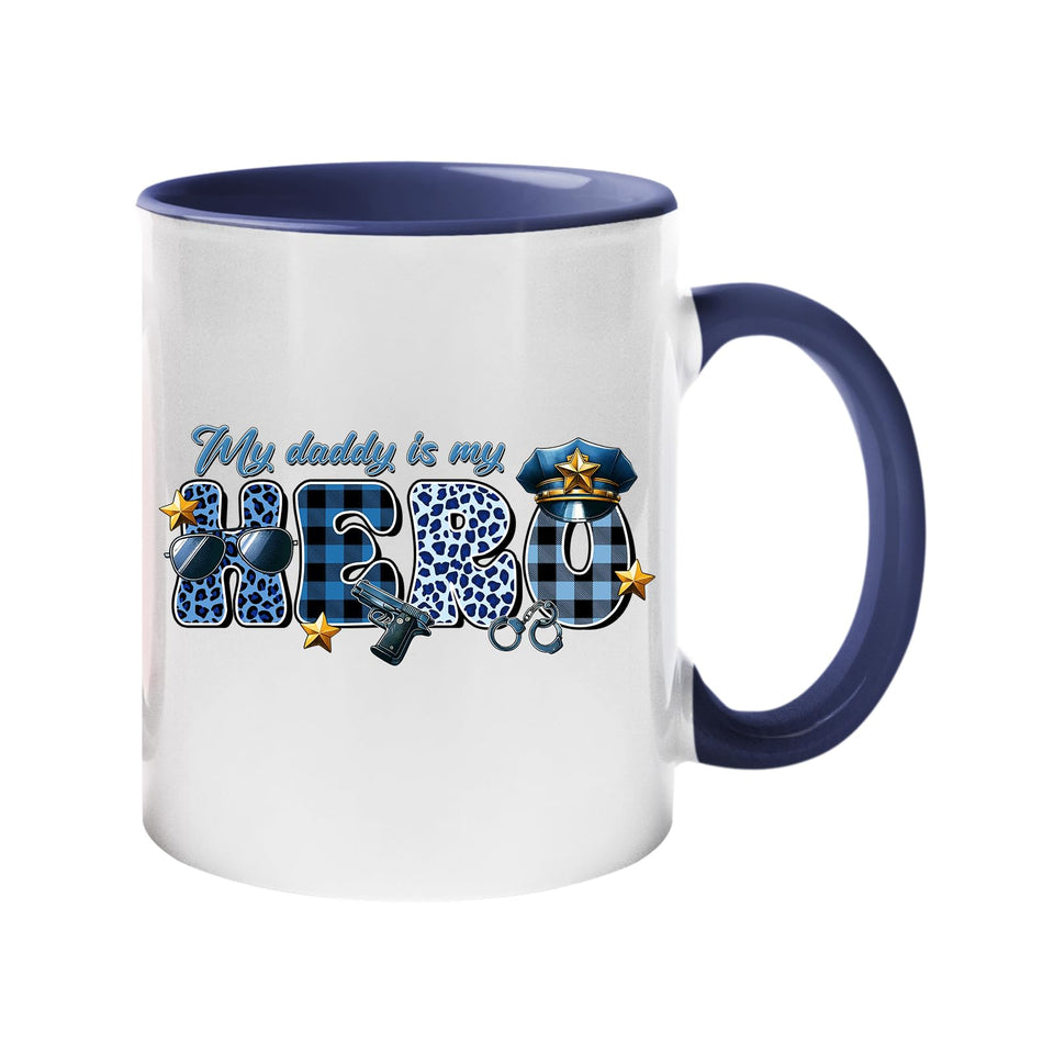 Colour handle mug with “My daddy is my hero” in blue plaid and leopard letters with a police cap and badge – dark blue handle and inside