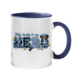 Colour handle mug with “My daddy is my hero” in blue plaid and leopard letters with a police cap and badge – dark blue handle and inside