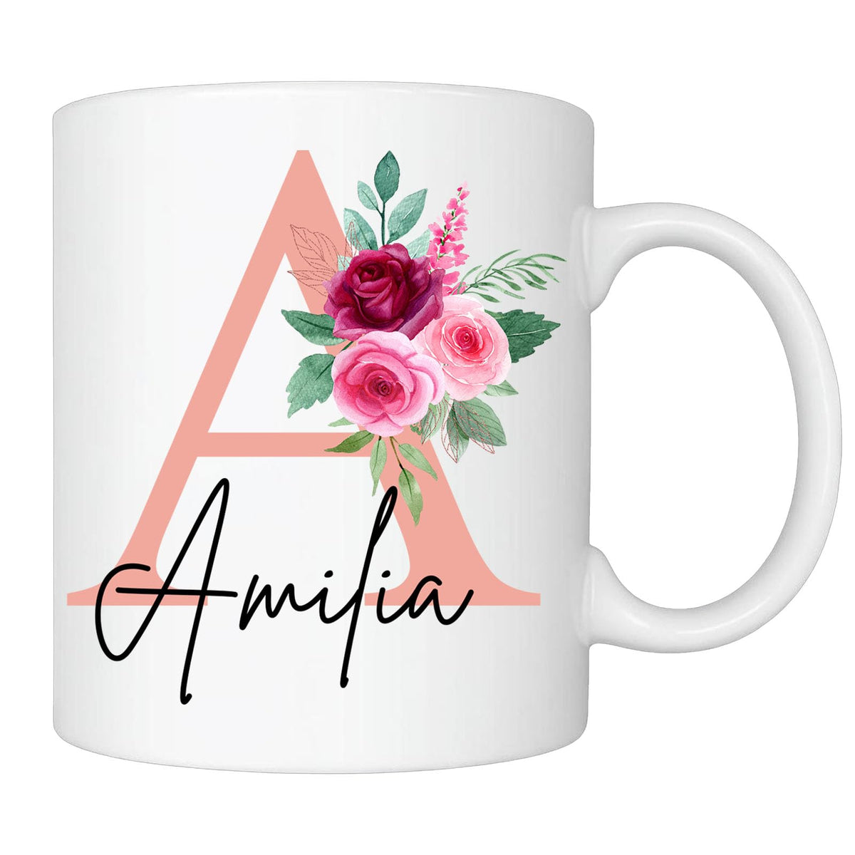 White mug with a blush pink A initial, roses and the name Amilia
