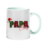 Colour handle mug with “Papa” in red and green plaid with a Santa hat and “Claus” in script – lime handle and inside