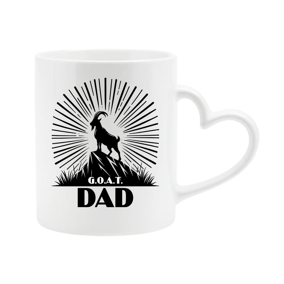 White heart-handle mug with a mountain goat on a peak with a sunburst and “G.O.A.T. Dad”