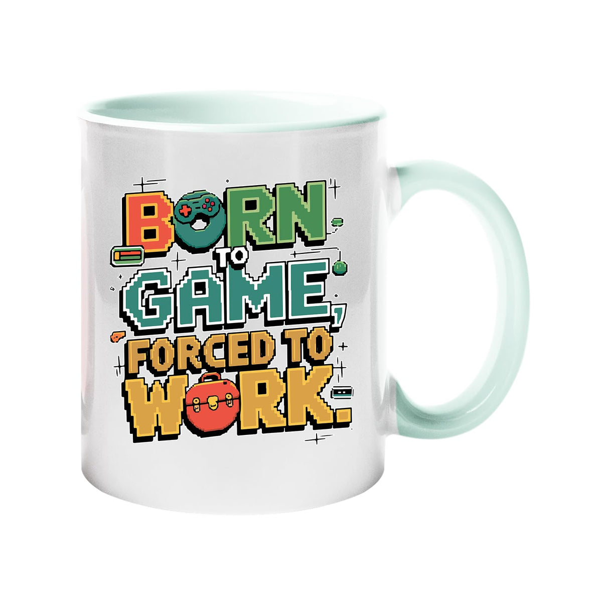 Colour handle mug with “Born to game, forced to work” in colourful arcade lettering – lime handle and inside