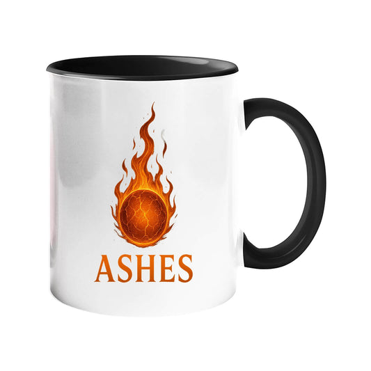Ashes cricket mug with a black handle and inside