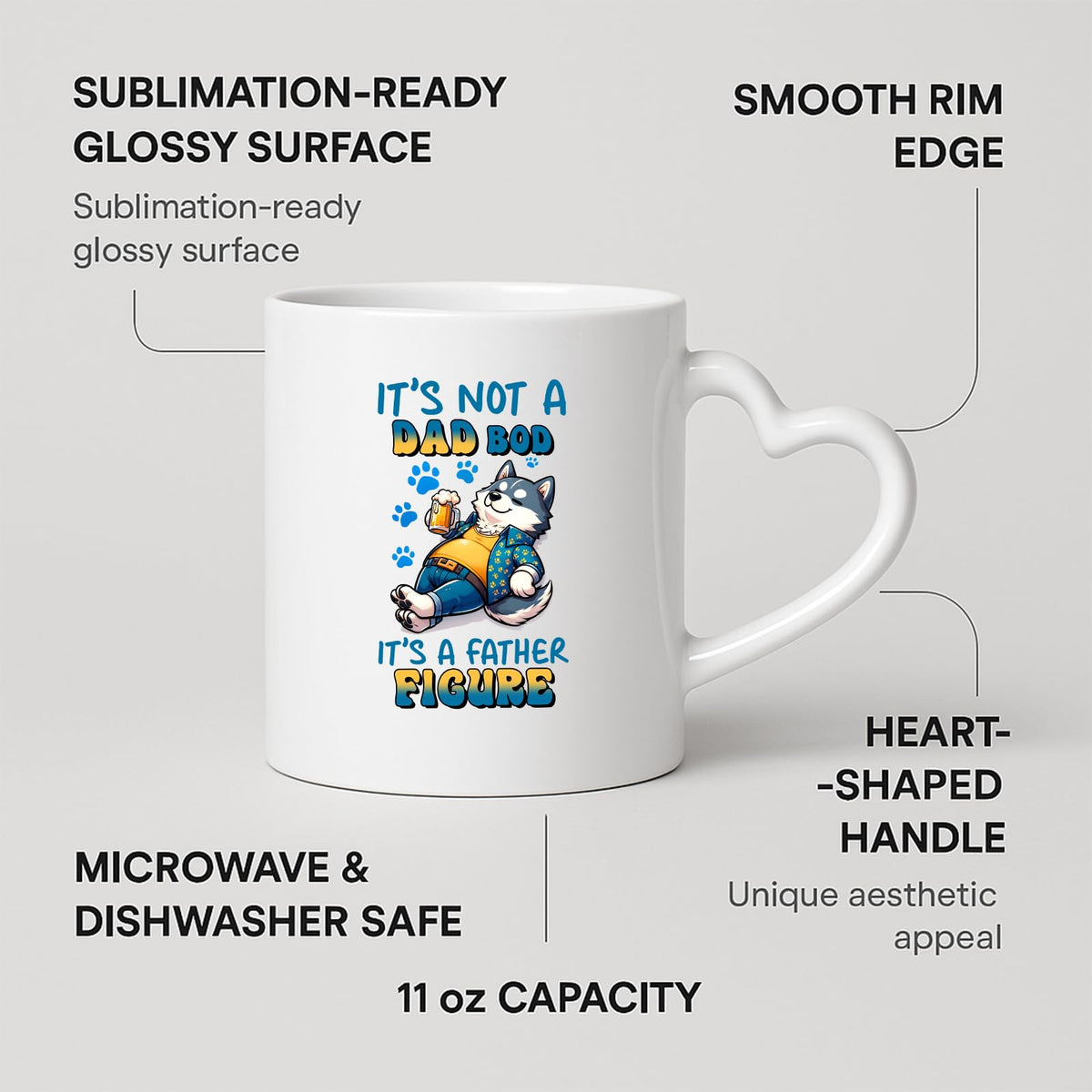 Heart-handle mug with labels for 11oz capacity, glossy surface and heart-shaped handle