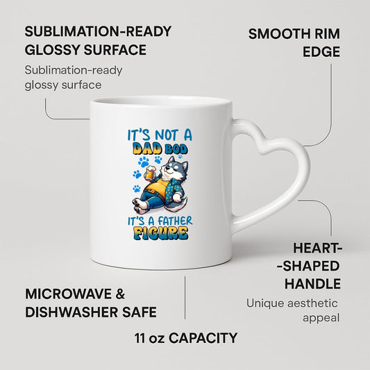 Heart-handle mug with labels for 11oz capacity, glossy surface and heart-shaped handle
