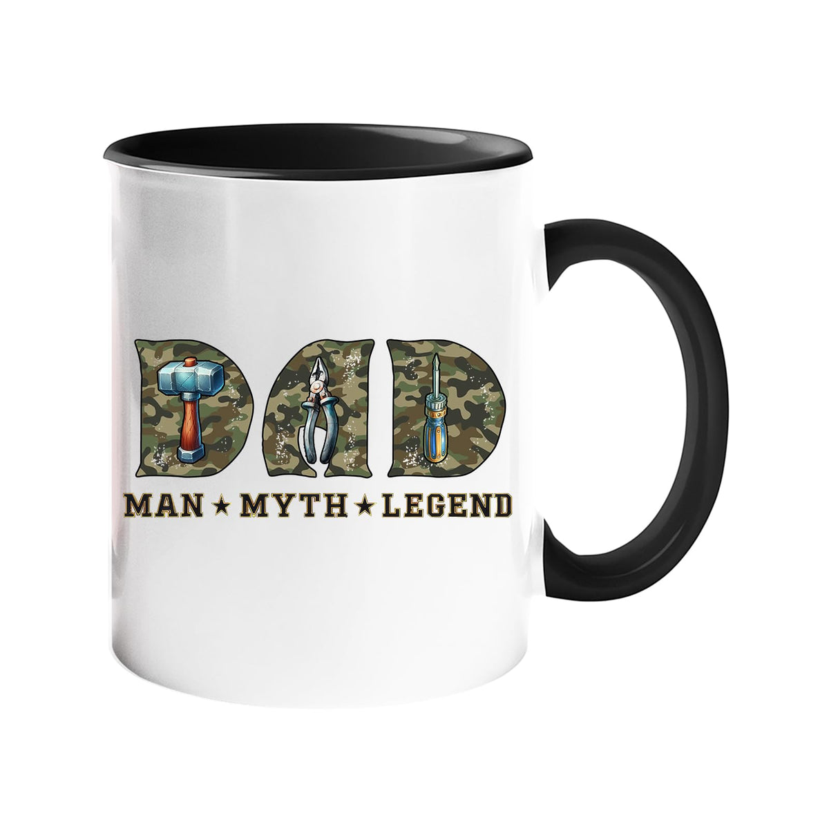 Colour handle mug with camo “DAD” letters with a hammer, pliers and screwdriver above “Man ★ Myth ★ Legend” – black handle and inside